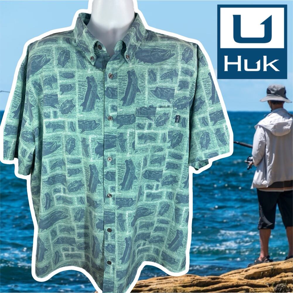 Huk Blue Tarpon Stretch Button Up Shirt 2XL
